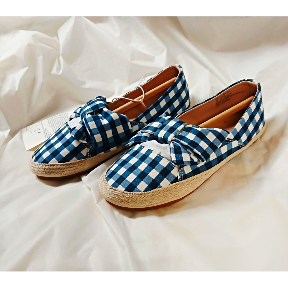Amazon Essentials Girls US 11 Blue/White Gingham Bow Flats Round Toe Slip On.
